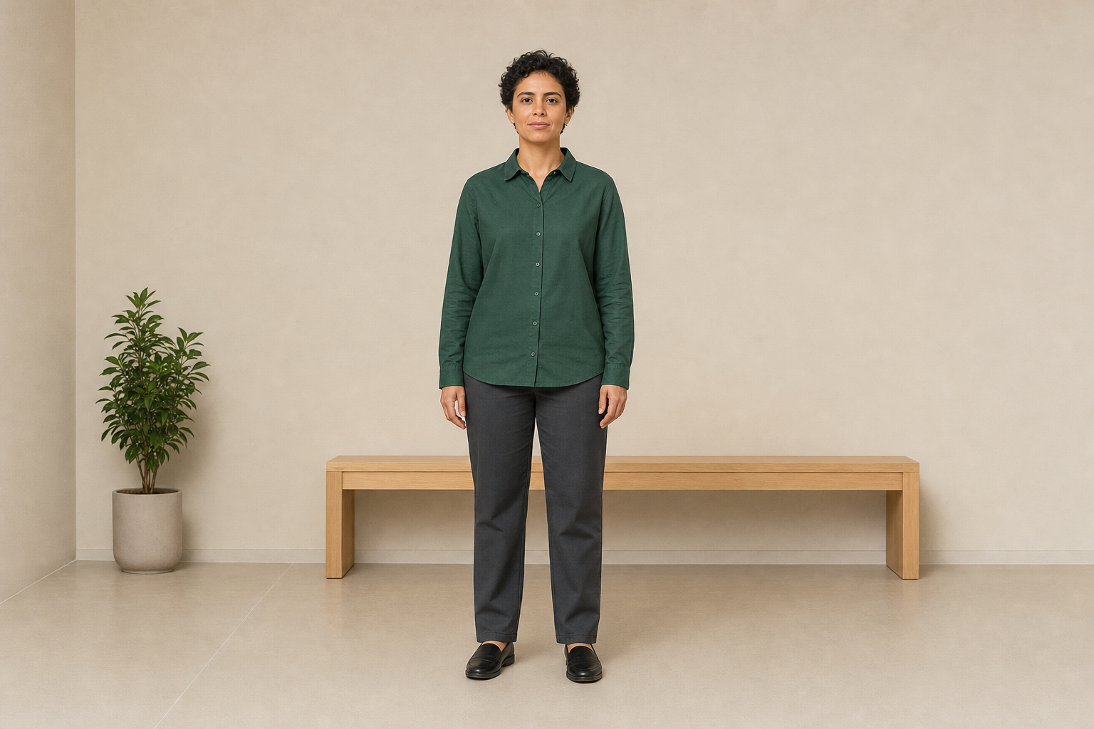 Persona de pie con camisa verde, pantalón gris oscuro y zapatos negros en un interior neutro.