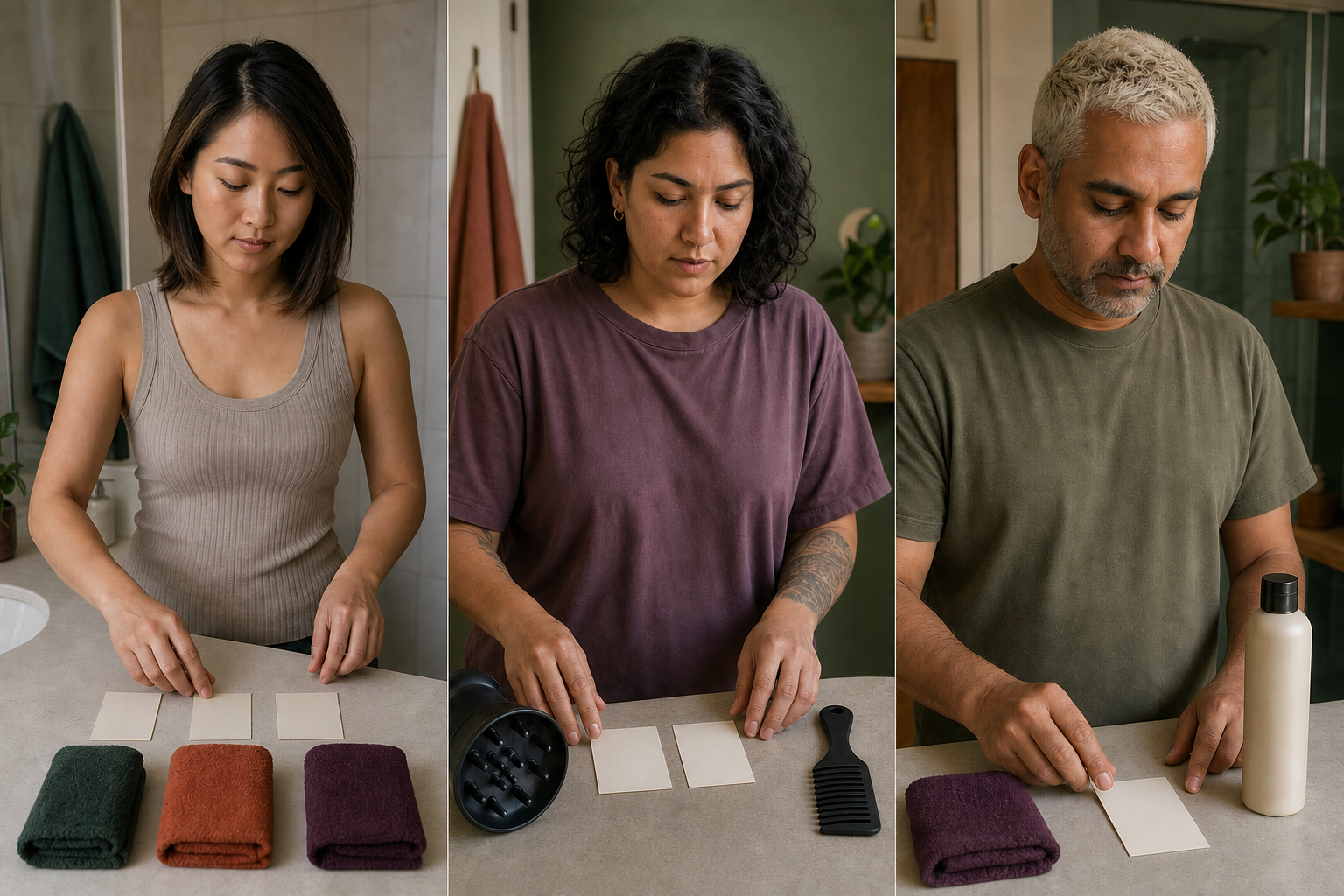 Tres personas preparan tres, dos y una tarjetas de lavado junto a materiales distintos para su cabello.