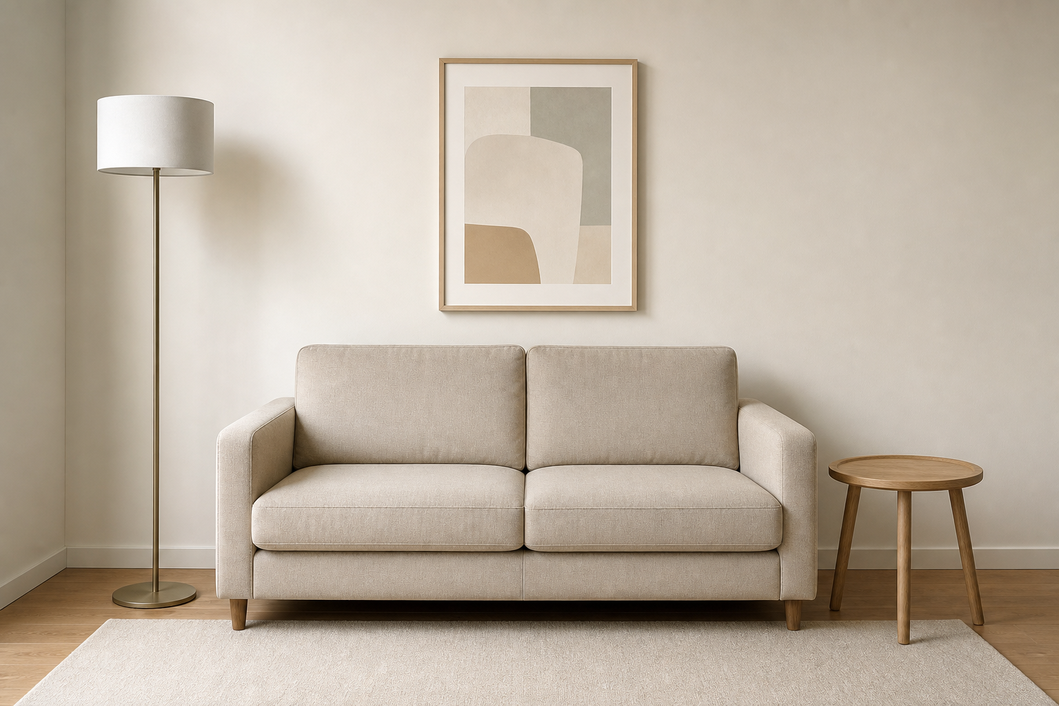 Salón neutro con sofá beige, lámpara de pie, cuadro abstracto, mesa auxiliar vacía y alfombra clara.