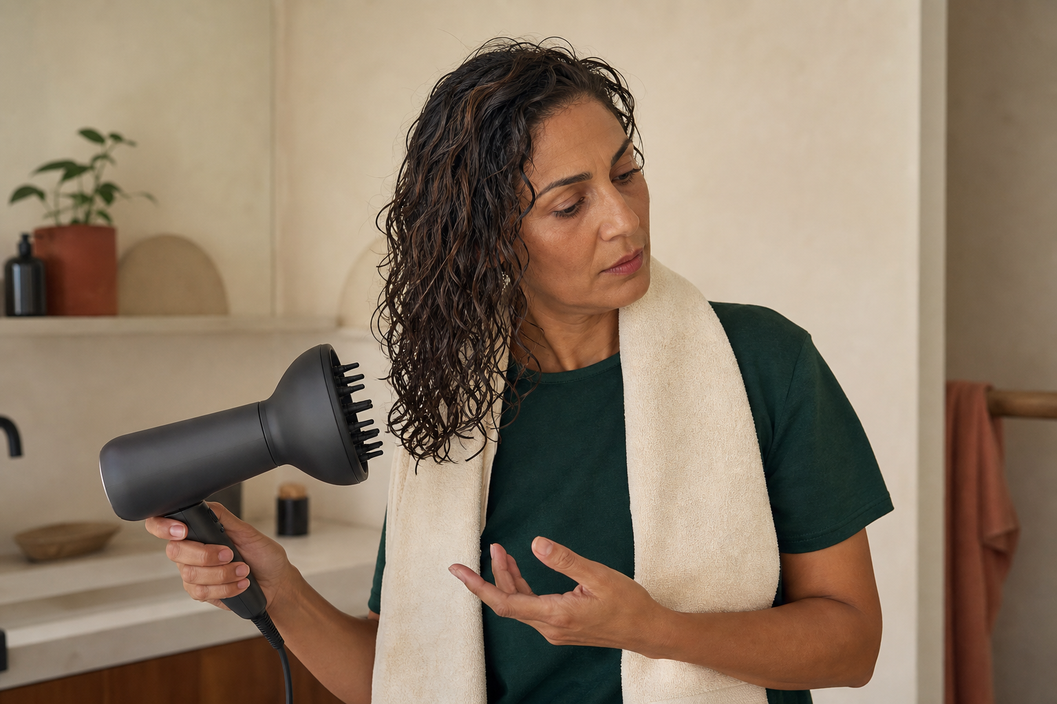 Difusor conectado en movimiento y separado del cabello