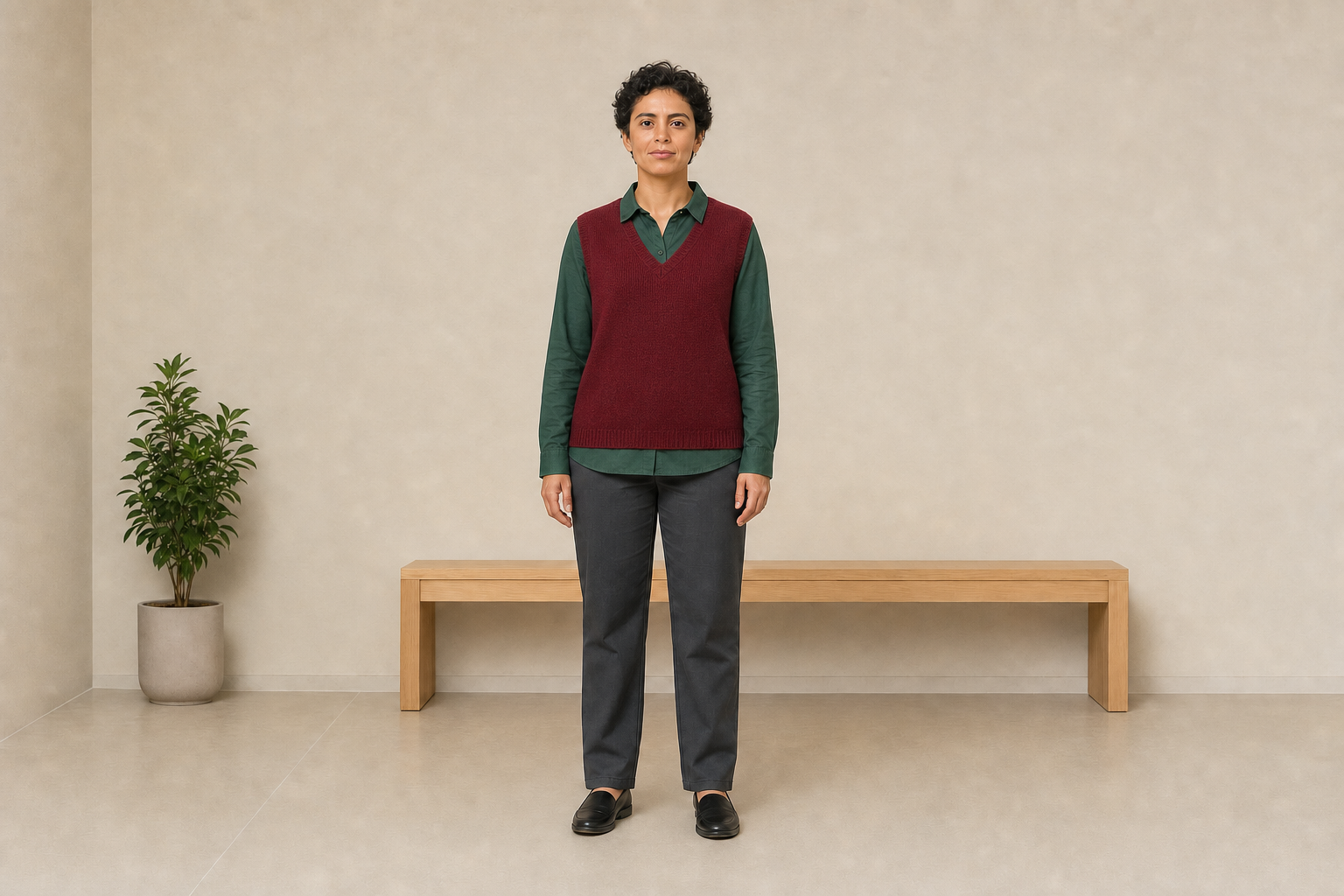 La misma persona, pose y conjunto base con un chaleco tejido rojo borgoña añadido sobre la camisa verde.