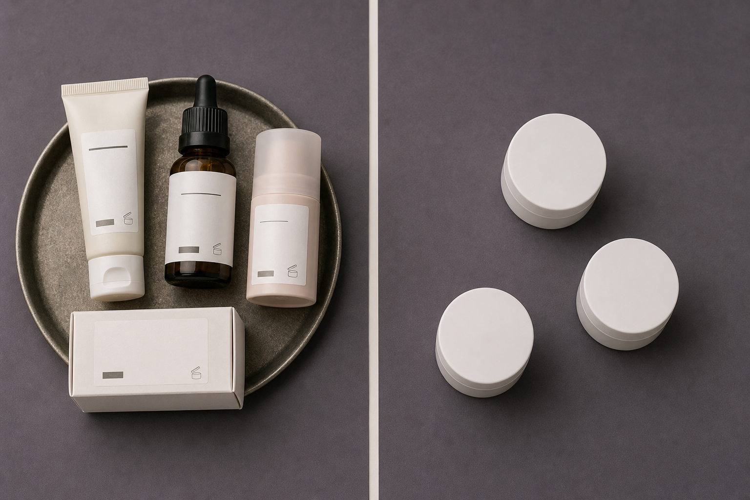 A un lado, cosméticos cerrados en envases diferentes con zonas de identificación visibles; al otro, tarros iguales y anónimos que no permiten reconocer producto ni instrucciones.